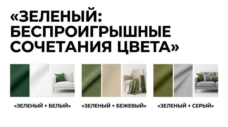 Беспроигрышные сочетания зеленого цвета с белым, бежевым и серым.