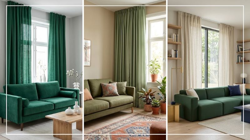 Зеленые шторы и диван в интерьере гостиной: 3 стильных решения