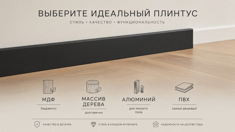 Черный плинтус: сравнение материалов МДФ, массив, алюминий, ПВХ