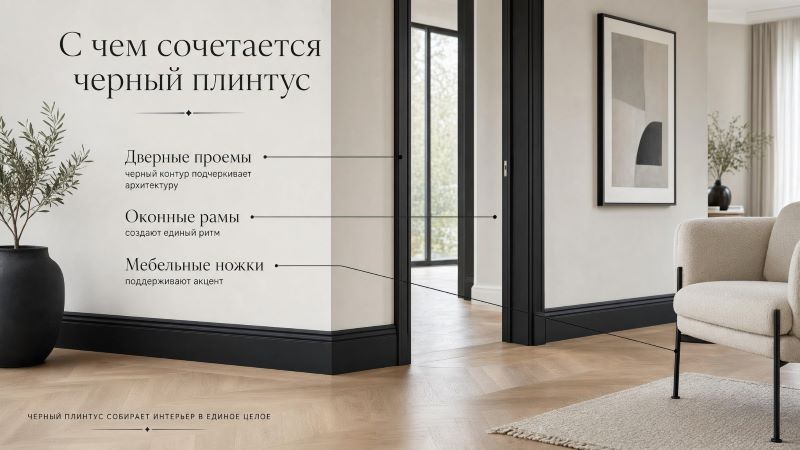 С чем сочетается черный плинтус: двери, окна, мебель