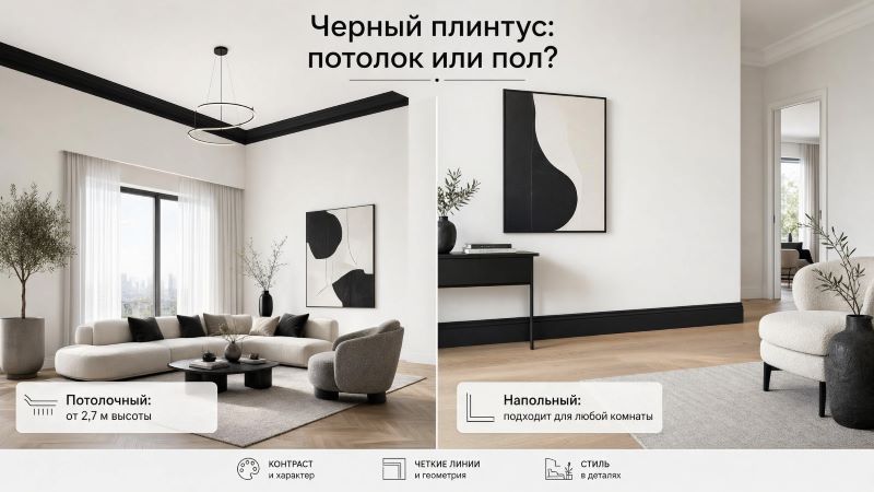 Черный плинтус: потолочный или напольный — сравнение