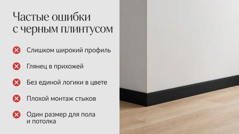 Частые ошибки с черным плинтусом: профиль, глянец, стыки