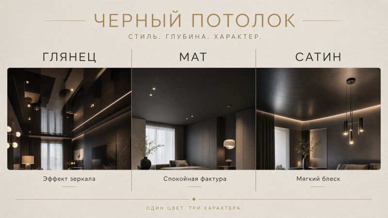 Черный потолок в интерьере: глянец, мат и сатин