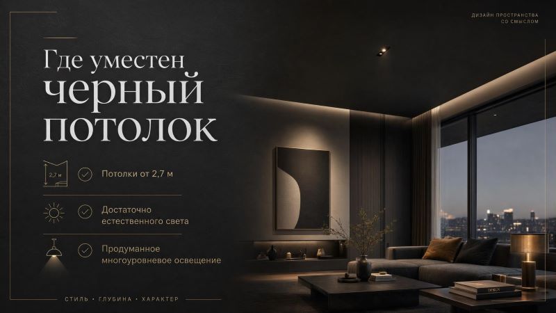 Условия для черного потолка: высота, свет, освещение