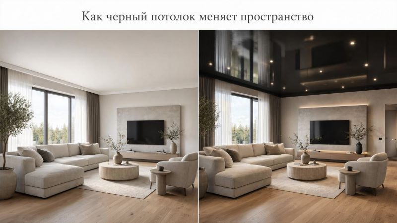 Сравнение интерьера гостиной с белым и черным потолком