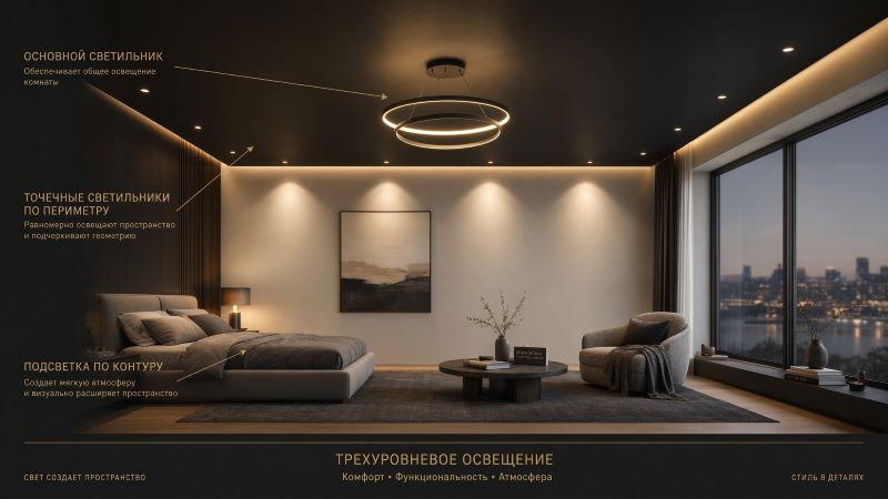 Трехуровневое освещение спальни с черным потолком
