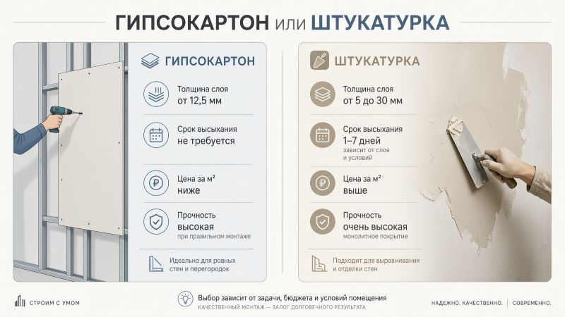 Сравнение гипсокартона и штукатурки: толщина, цена, сроки и прочность