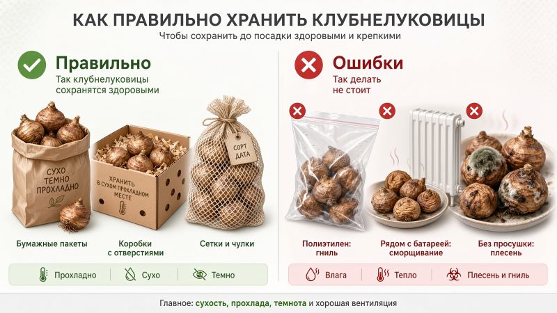 Как правильно хранить клубнелуковицы гладиолусов: ошибки и советы