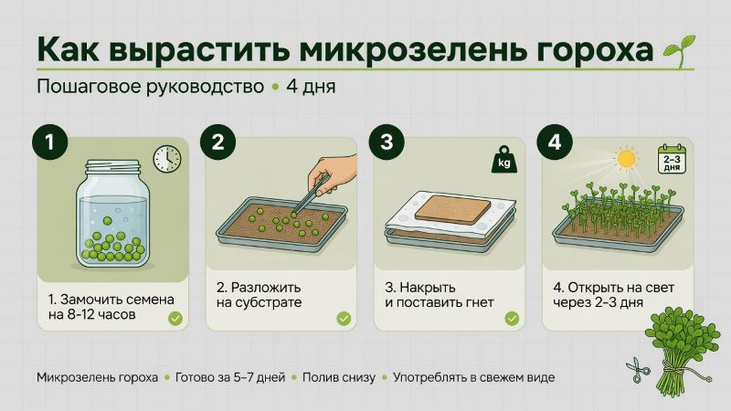 Инфографика: как вырастить микрозелень гороха за 4 шага