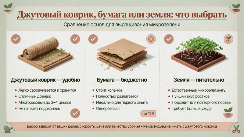 Сравнение основ для микрозелени: джут, бумага или земля