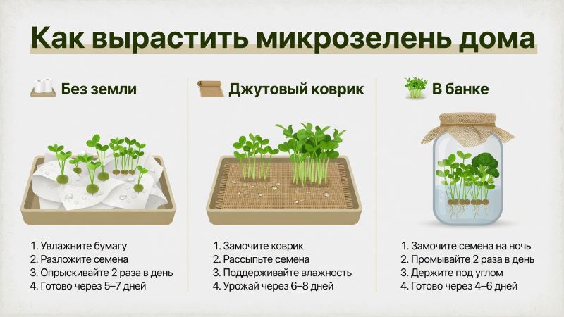 Инфографика: 3 способа вырастить микрозелень дома
