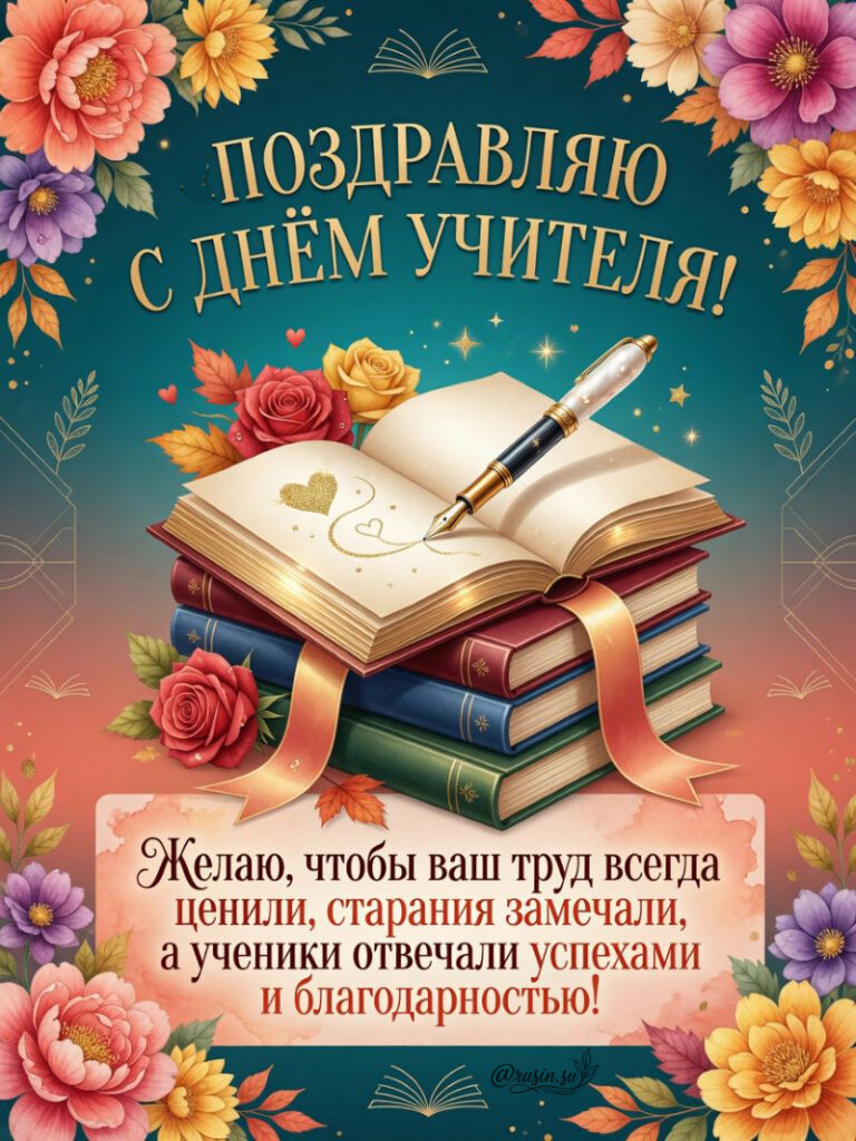 Открытка с Днём Учителя: книги, ручка и цветы