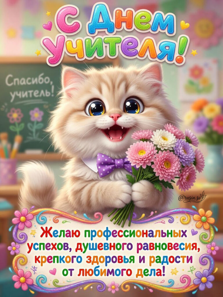Открытка с Днём Учителя: котёнок с букетом цветов