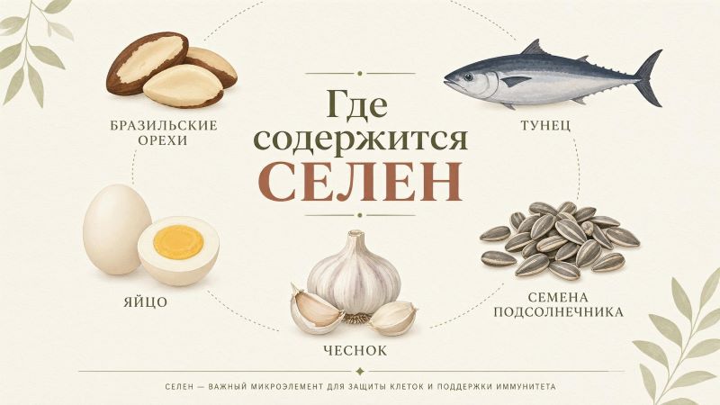 Продукты, богатые селеном: орехи, тунец, яйца, чеснок
