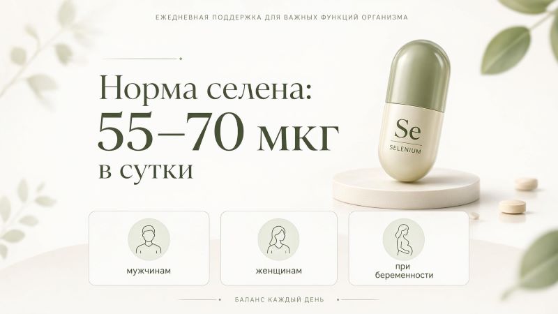Суточная норма селена 55–70 мкг для мужчин и женщин
