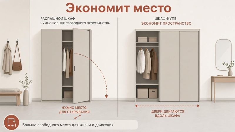 Сравнение распашного шкафа и шкафа-купе: наглядная экономия места в комнате