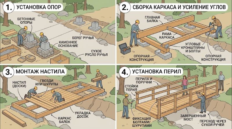 Схема строительства деревянного мостика через сухой ручей в 4 этапа