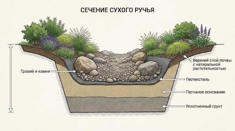 Схема сечения сухого ручья: слои грунта, геотекстиль и гравий