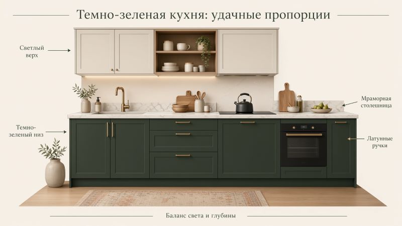 Схема темно-зеленой кухни: светлый верх, зеленый низ и мрамор