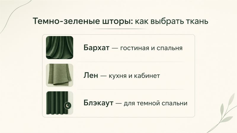 Инфографика: выбор ткани для темно-зеленых штор (бархат, лен, блэкаут)