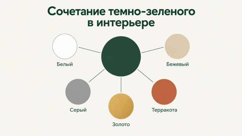Схема сочетания темно-зеленого цвета с белым, бежевым, серым, золотом и терракотой