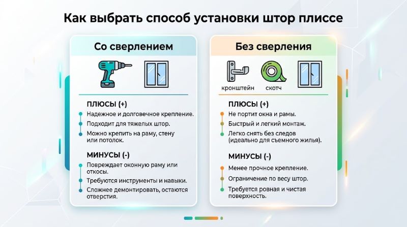 Сравнение способов установки штор плиссе со сверлением и без