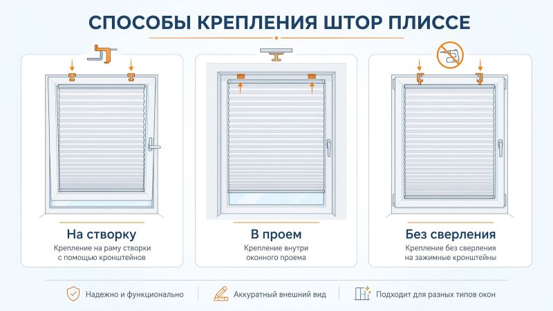 Способы крепления штор плиссе на створку, в проем и без сверления