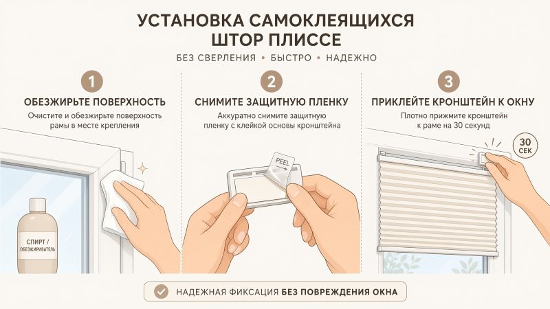 Установка самоклеящихся штор плиссе без сверления: 3 шага