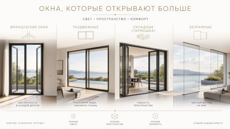 Виды окон: французские, раздвижные, складные и безрамные