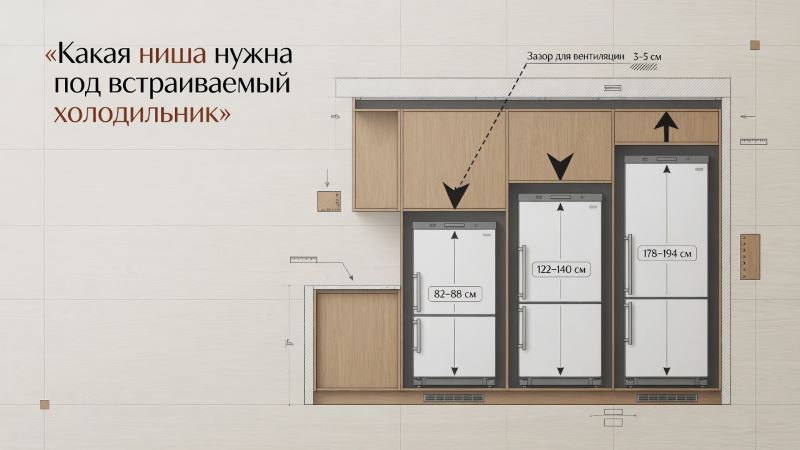 Схема ниши и размеры встраиваемого холодильника на кухне