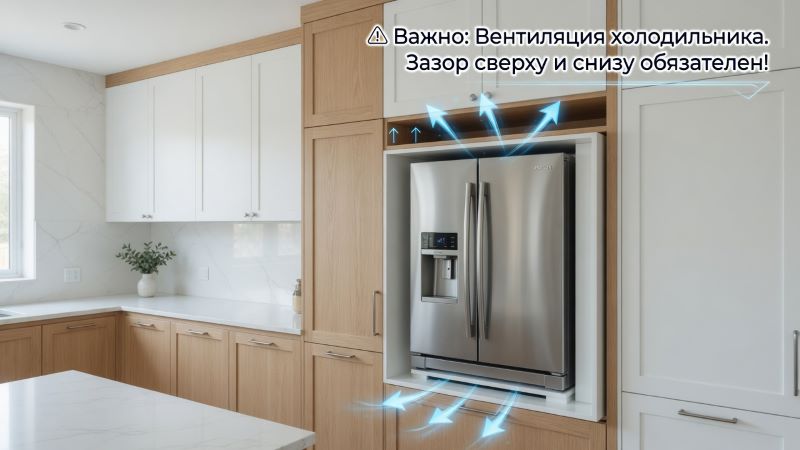 Вентиляция встраиваемого холодильника: зазор сверху и снизу