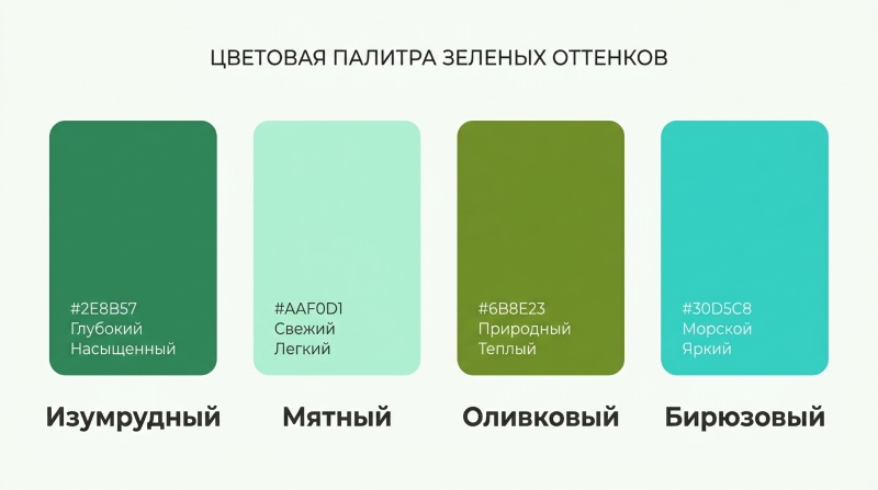 Палитра зеленых оттенков для интерьера: изумрудный, мятный, оливковый и бирюзовый с HEX-кодами
