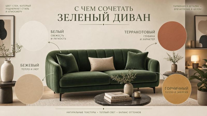 С чем сочетать зеленый диван: 4 цвета в интерьере гостиной