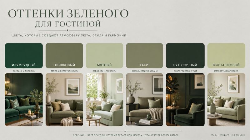 Оттенки зеленого для гостиной: изумрудный, оливковый, мятный