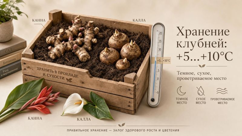 Хранение клубней канны и каллы в ящике при +5...+10°C
