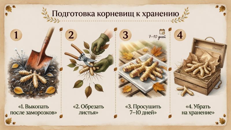 Подготовка корневищ к хранению: выкопка, обрезка, сушка