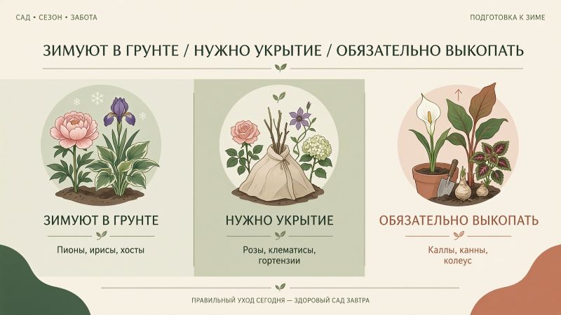 Категории зимовки растений: в грунте, укрытие, выкопка