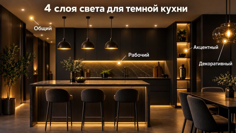 4 слоя освещения для темной кухни: схема света