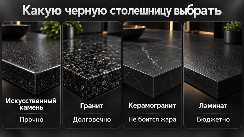 Виды черных столешниц: камень, гранит, керамогранит, ламинат