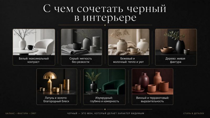 С чем сочетать черный в интерьере: 7 цветов и материалов