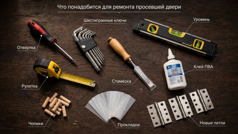Инструменты для ремонта двери: отвертка, уровень, стамеска, петли