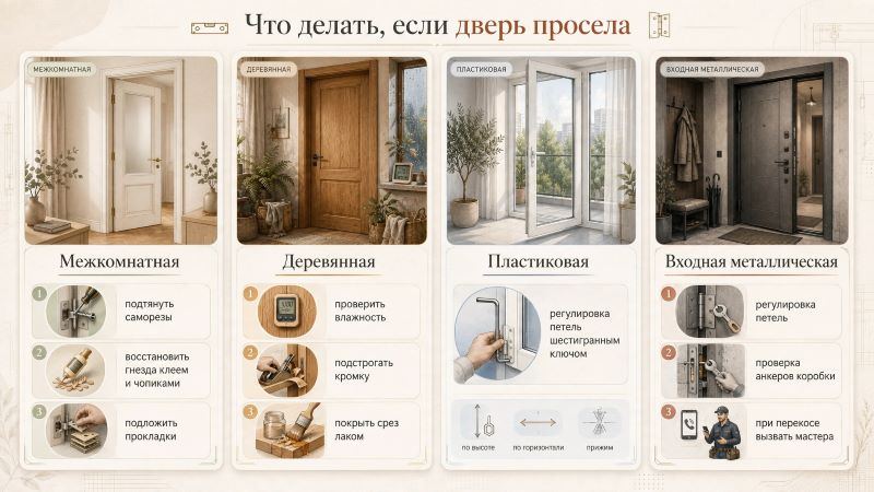 Инфографика: ремонт просевшей двери по типам конструкций