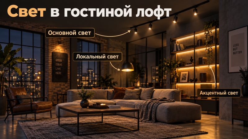 Схема освещения в гостиной лофт: основной, локальный и акцентный свет