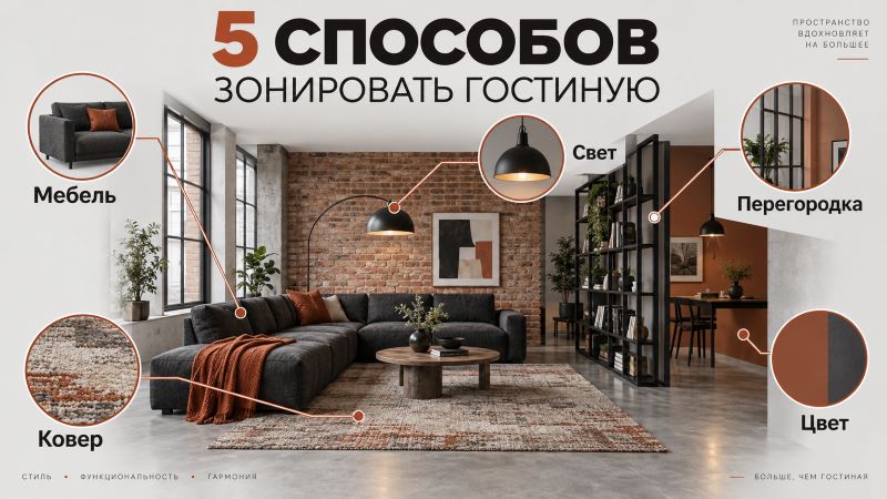 5 способов зонировать гостиную в стиле лофт: мебель, ковер, свет, перегородка, цвет