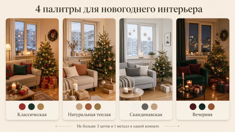 4 цветовые палитры для новогоднего интерьера 2027
