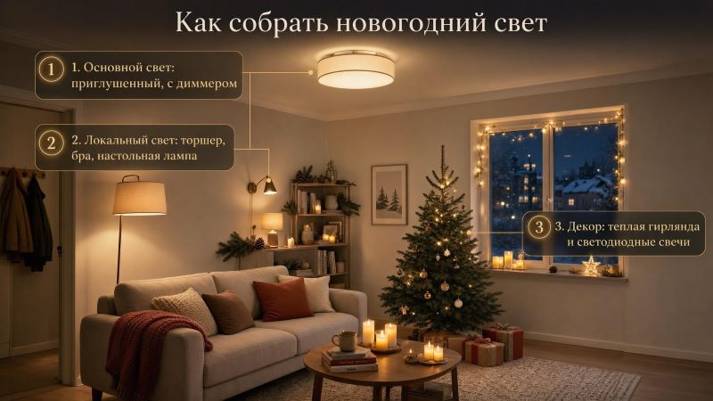 Схема новогоднего освещения гостиной: 3 уровня света