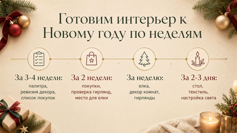 План подготовки интерьера к Новому году по неделям