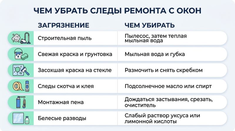 Чем убрать следы ремонта с окон: таблица средств