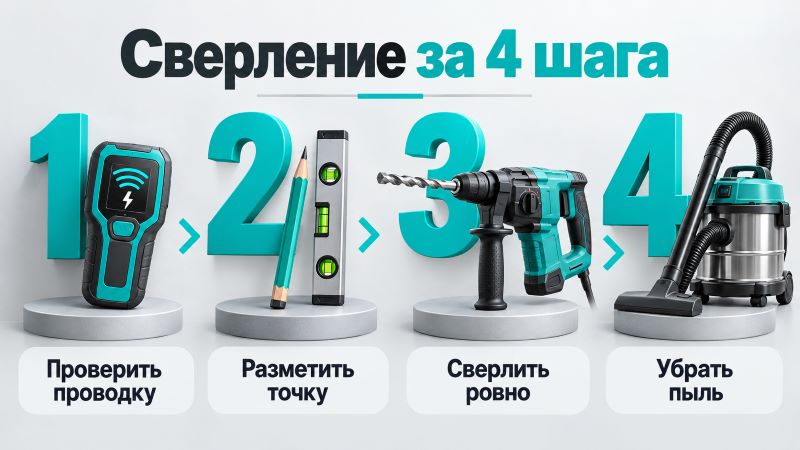Сверление за 4 шага: проверка проводки, разметка, сверление, уборка
