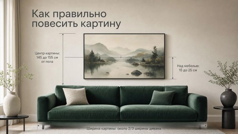 Как повесить картину над диваном: схема с размерами